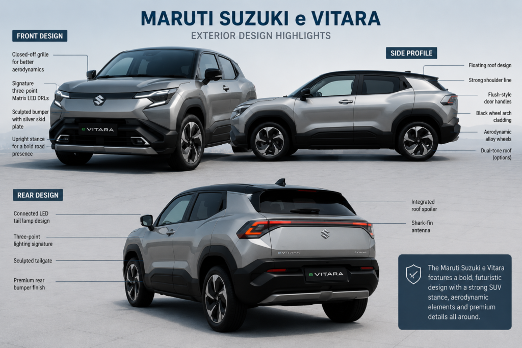2026 Maruti Suzuki e Vitara exterior design featuring Matrix LED DRLs, aerodynamic alloy wheels, floating roof, flush door handles and connected LED tail lamps