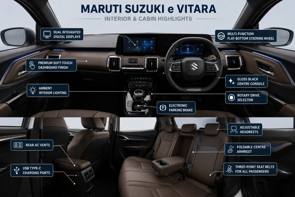2026 Maruti Suzuki e Vitara premium interior featuring dual digital displays, flat-bottom steering wheel, ambient lighting, rotary drive selector and rear AC vents