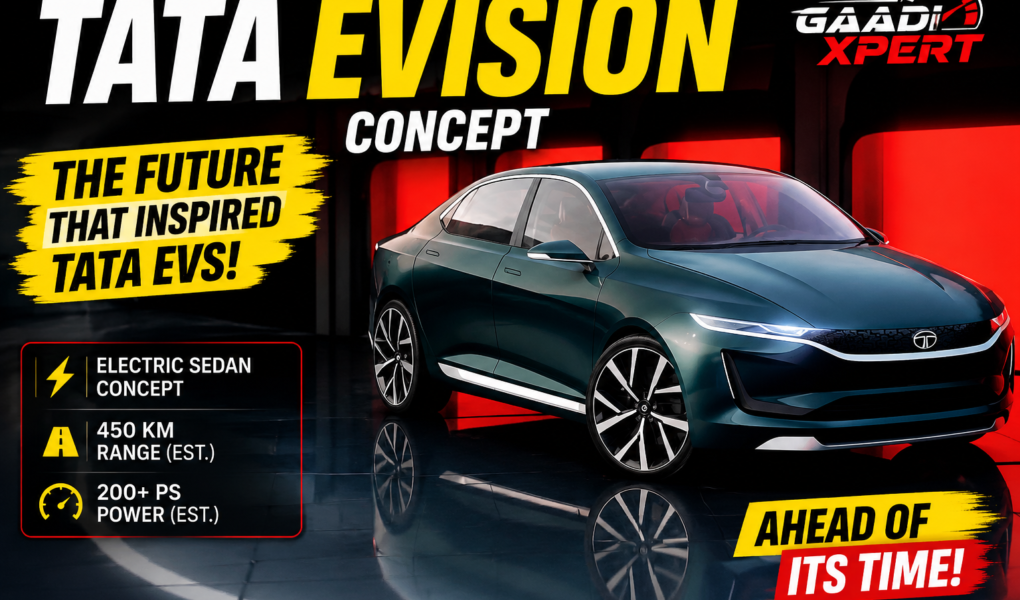 Tata EVision concept electric sedan showcasing futuristic exterior design with sleek LED lighting and premium styling.