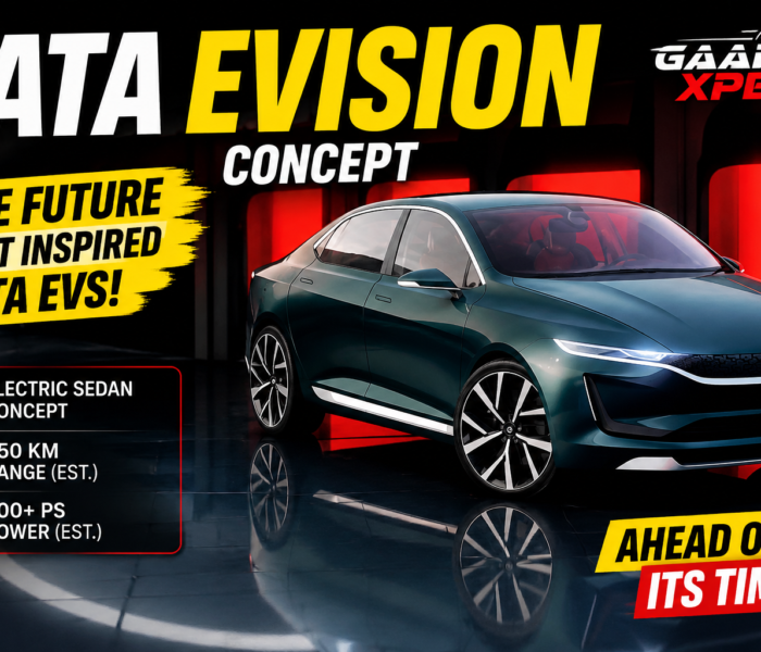 Tata EVision concept electric sedan showcasing futuristic exterior design with sleek LED lighting and premium styling.