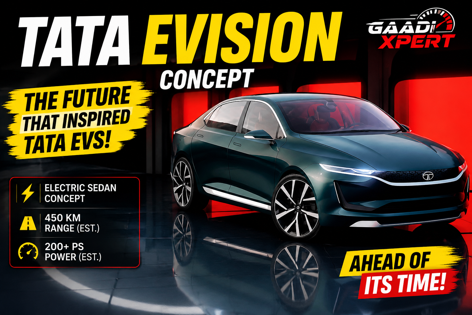Tata EVision concept electric sedan showcasing futuristic exterior design with sleek LED lighting and premium styling.