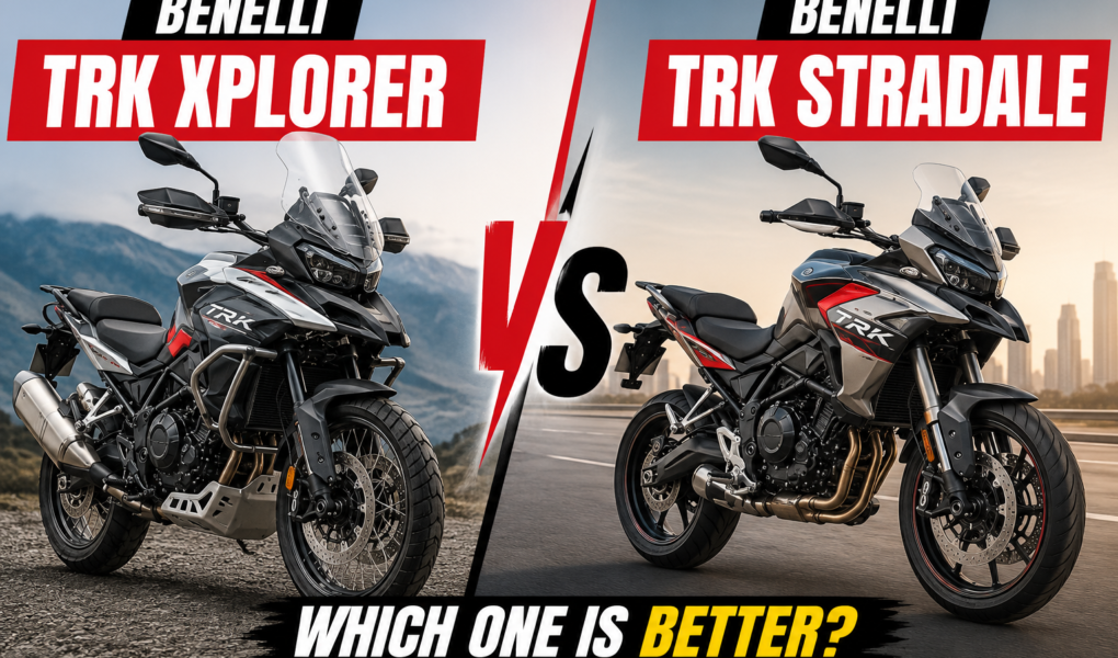 Benelli TRK Xplorer vs TRK Stradale comparison with both motorcycles displayed side by side for design and feature comparison.