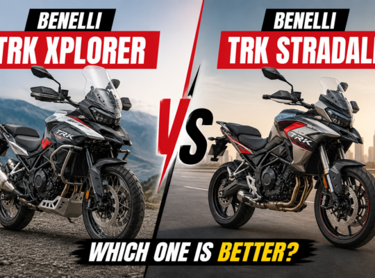 Benelli TRK Xplorer vs TRK Stradale comparison with both motorcycles displayed side by side for design and feature comparison.