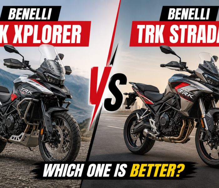 Benelli TRK Xplorer vs TRK Stradale comparison with both motorcycles displayed side by side for design and feature comparison.