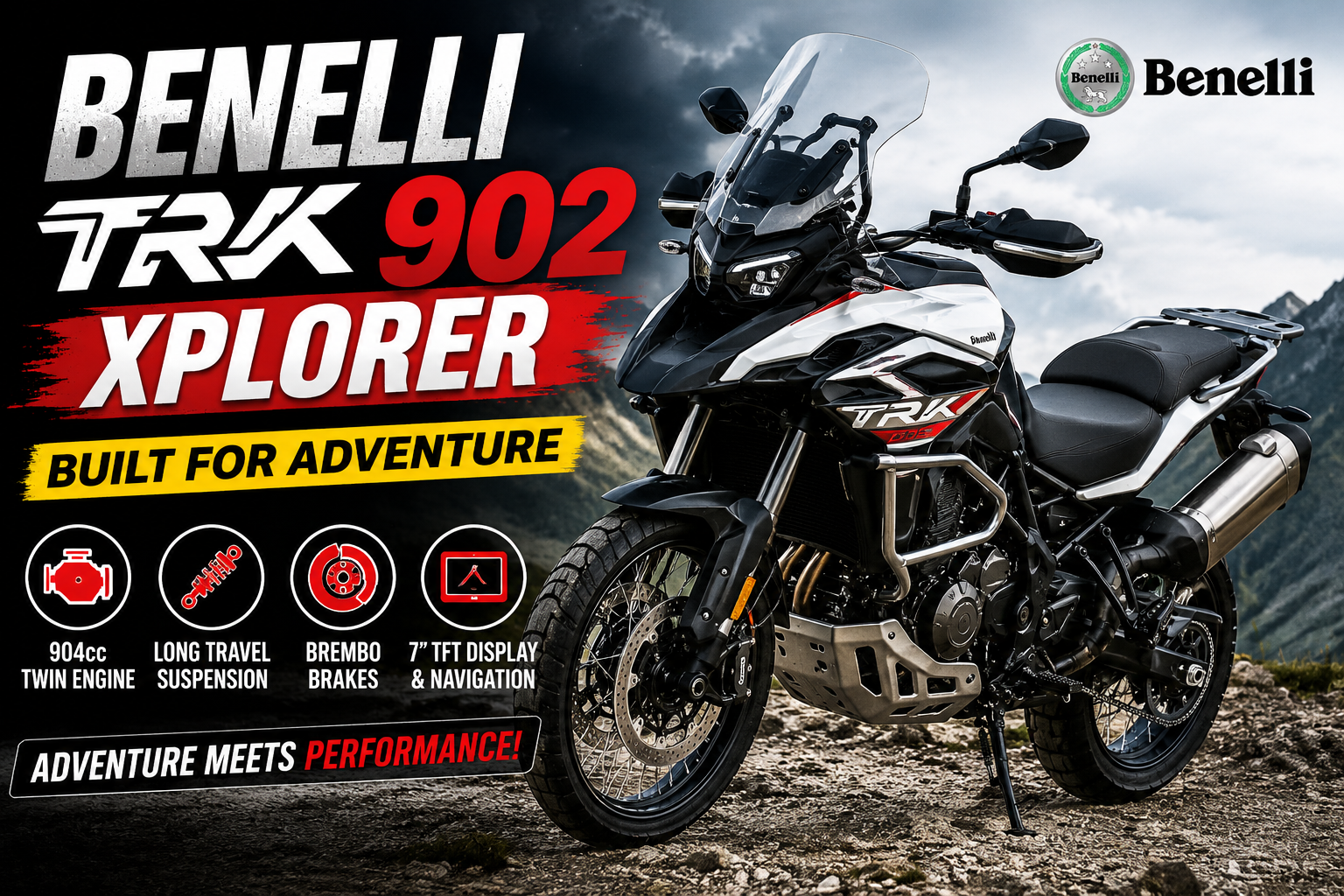 Benelli TRK 902 Xplorer adventure motorcycle with 904cc engine and premium touring features